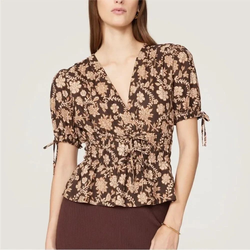 DEREK LAM 10 CROSBY | Rhea Puff Sleeve Floral Brown V-neck Top Women’s Size 0